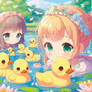 sweet ducklings in lively pond anime