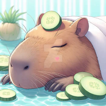 capybara sleeps at spa with cucumber eyes