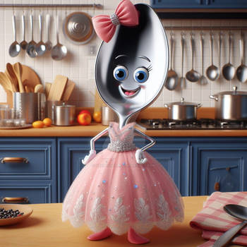 CGI cartoon spoon wearing a fancy dress, kitchen c