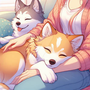 sweet dog sleeps in owners lap anime