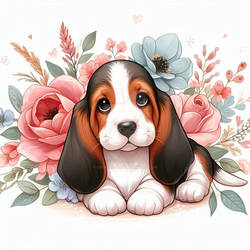 Cute little Basset Hound with floral illustration