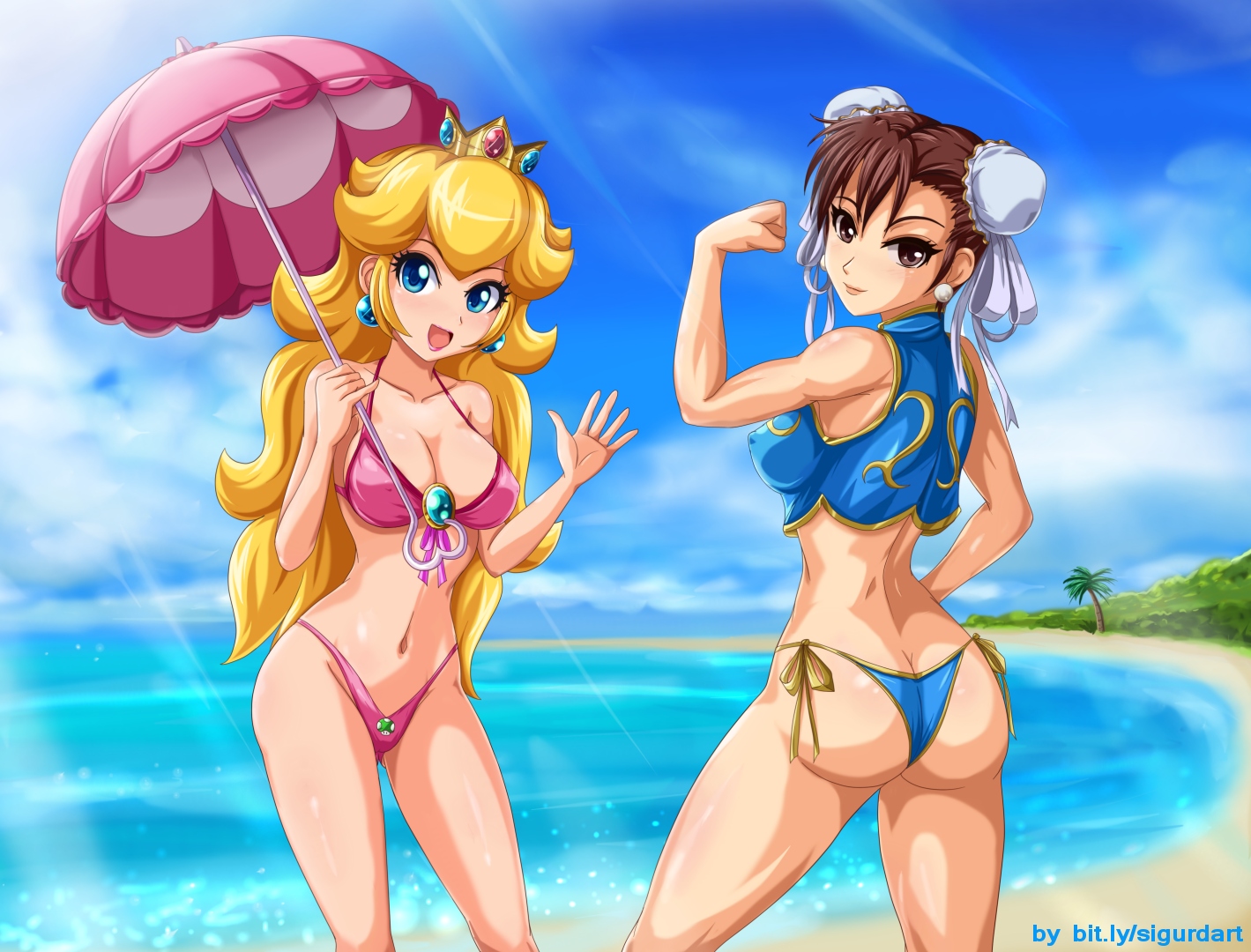 Peach and Chun-Li at the beach