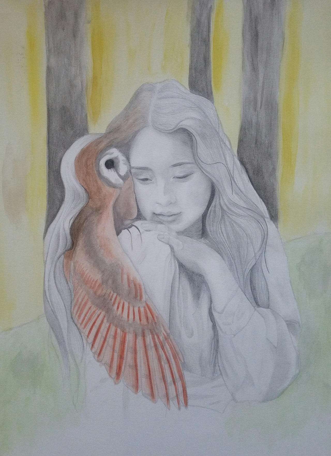 Graphite Girl and Watercolor Owl