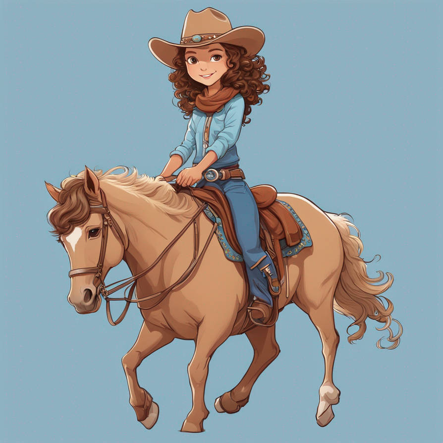 A girl in a light brown cowgirl get up, with curly