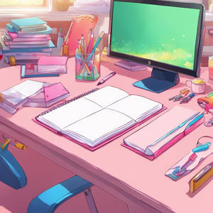A pink diary open to a blank page on an empty desk
