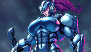 Shiny Chrome Robotic Hyper Mass Monster Female Bodybuilder with Monster Pecs