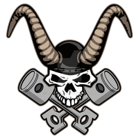 Skull with horns and crossed pistons