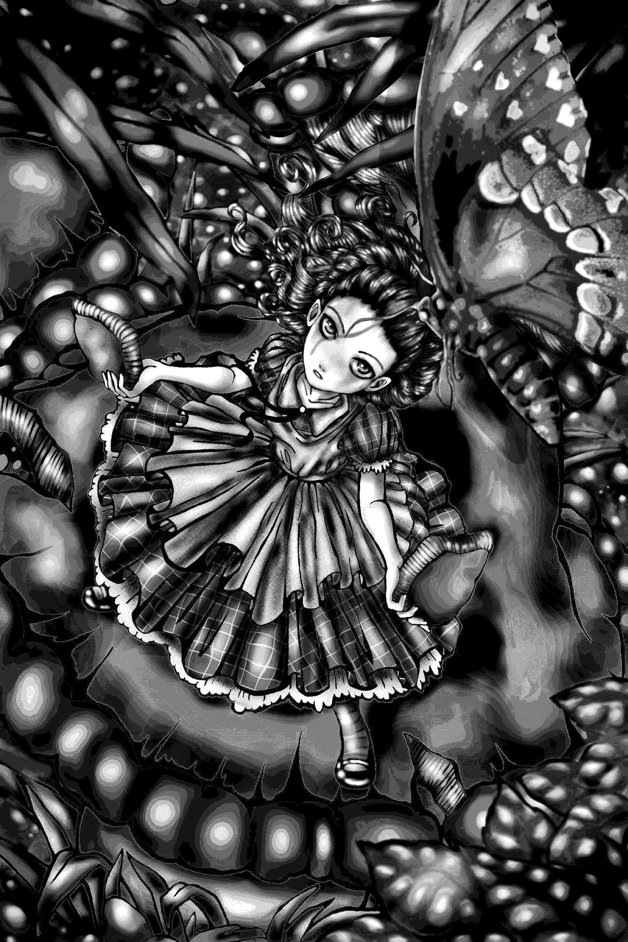 Alice and the mushrooms, Grey-scale by RabbitRunes on DeviantArt