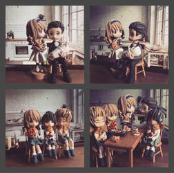 Mitsukoko family breakfast (polymerclay figurines)