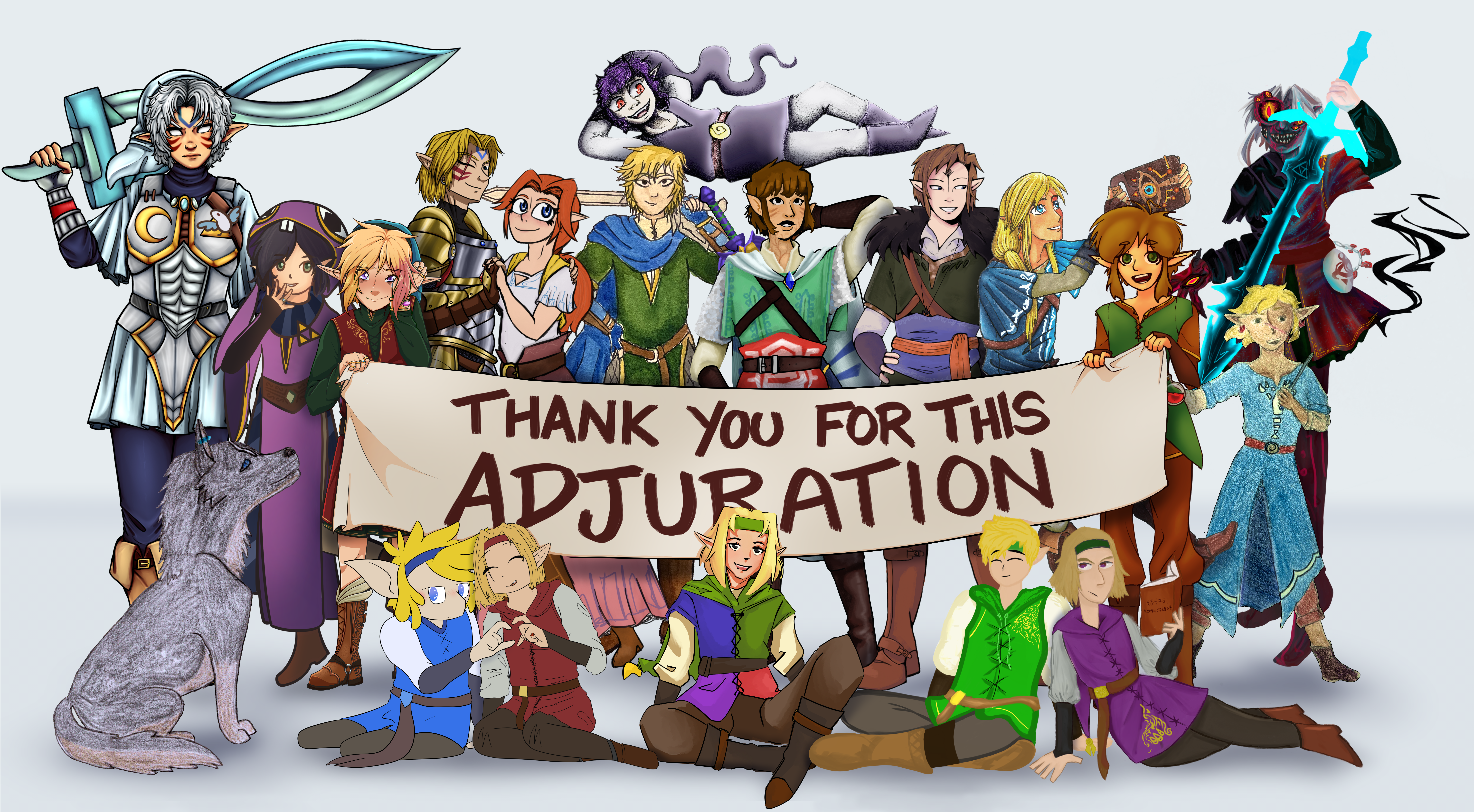 Drawing of all main characters from This is an Adjuration, all around a banner which reads "Thank you for this Adjuration!