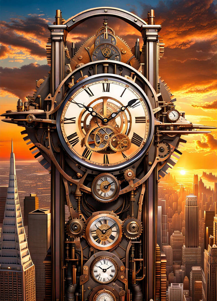 Elegant steampunk clocks, skyscraper, skyline, met by littles1519 on ...
