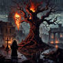 A burning tree stands in the rain, flames untouche