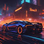 A black hypercar blazes down a neon-lit highway, f