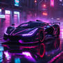 Slick black hypercar with a spoiler and in the rai