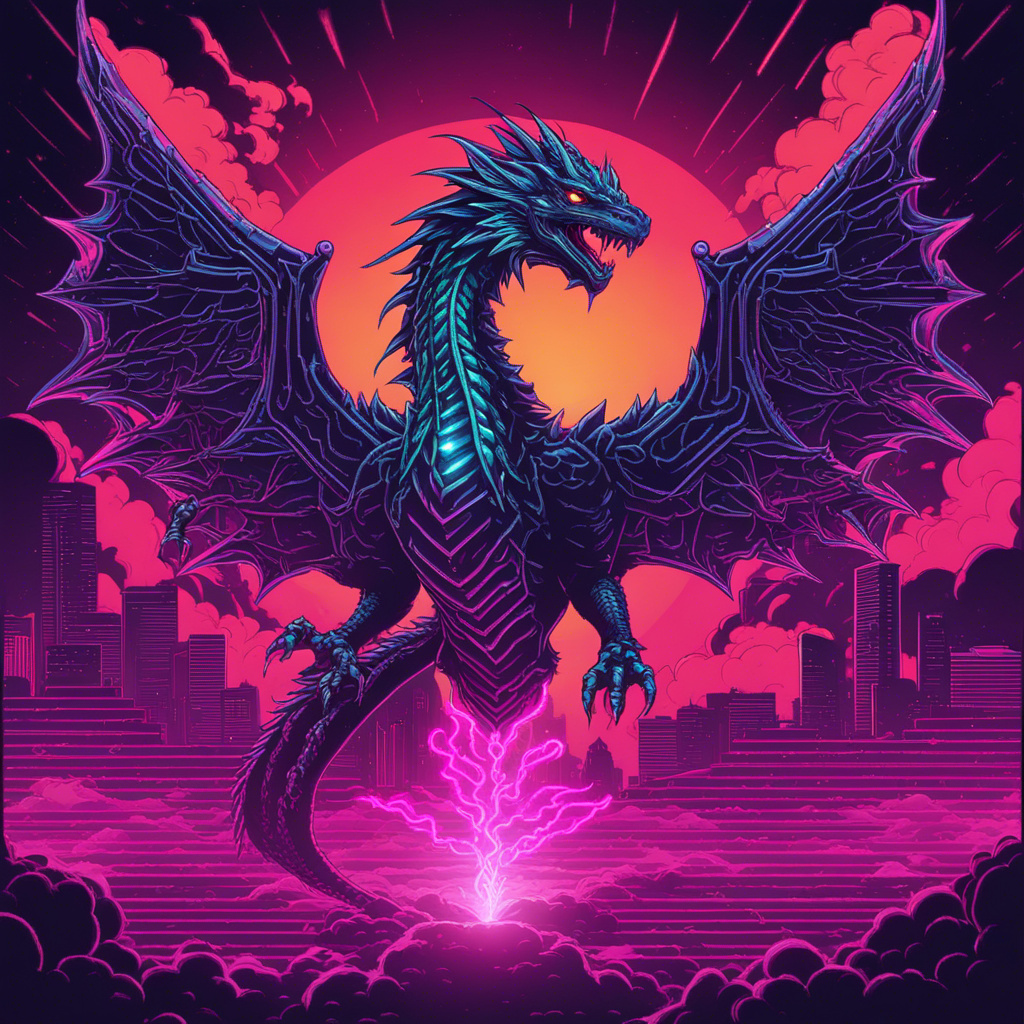 A six-winged dragon made of glitching neon light a