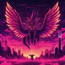 A six-winged dragon made of glitching neon light a