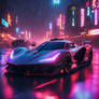 A hypercar roars beneath a rain-soaked sky, its en