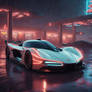 Two hypercars idle at a glowing desert gas station