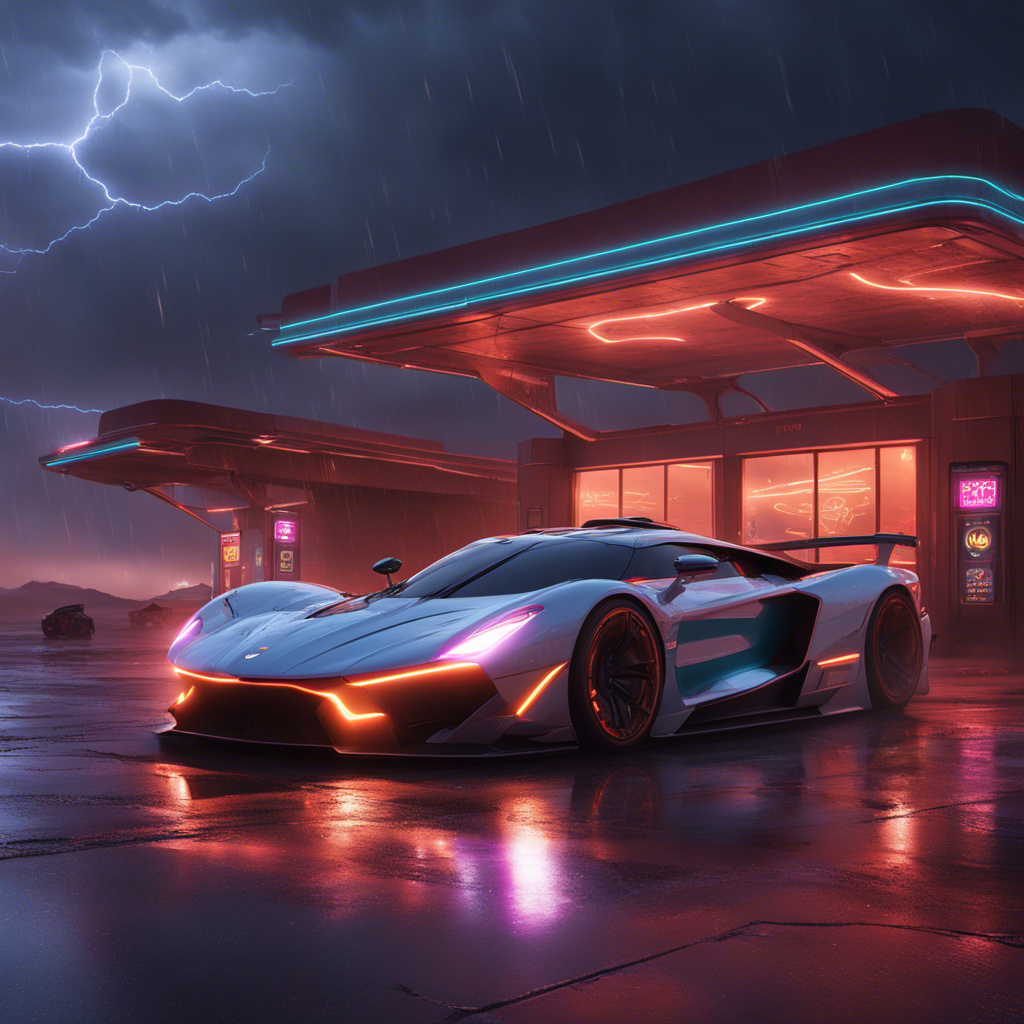 Two hypercars idle at a glowing desert gas station