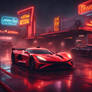 Two hypercars idle under buzzing lights at a rain-