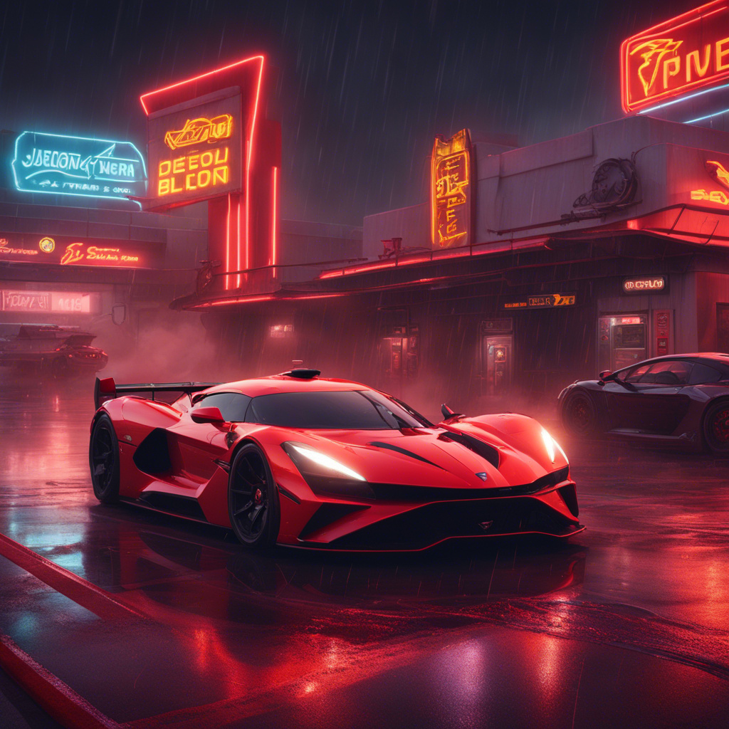 Two hypercars idle under buzzing lights at a rain-
