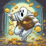 One cartoon ghost holding a bag of gold coins and