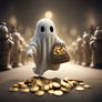 One cartoon ghost holding a bag of gold coins and