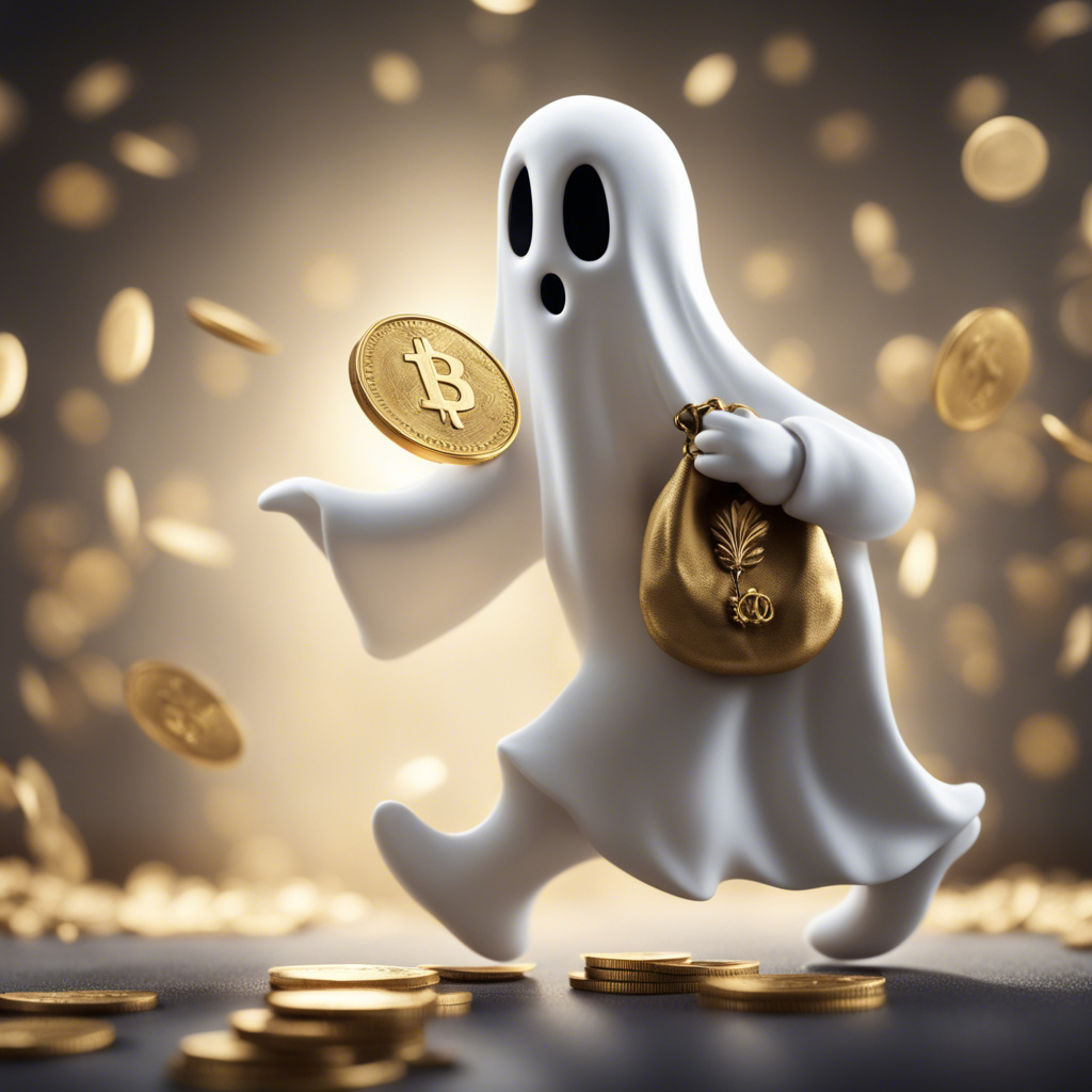 One cartoon ghost holding a bag of gold coins and