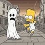 Bart Simpson getting chased by a cartoon ghost and
