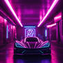A demonic neon sign in a wall and a hypercar getti