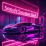 A demonic neon sign in a wall and a hypercar getti