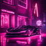A demonic neon sign in a wall and a hypercar getti
