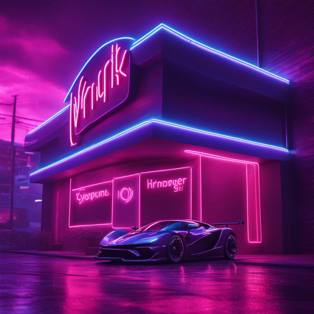 A demonic neon sign in a wall and a hypercar getti
