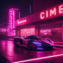 A demonic neon sign in a wall and a hypercar getti