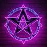 A demonic pentagram neon sign in a wall and its co