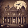 A haunted mansion where ghosts and bats flying and