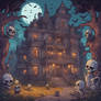 A haunted mansion where ghosts and bats flying and