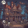 A haunted mansion where ghosts and bats flying and