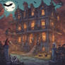 A haunted mansion where ghosts and bats flying and