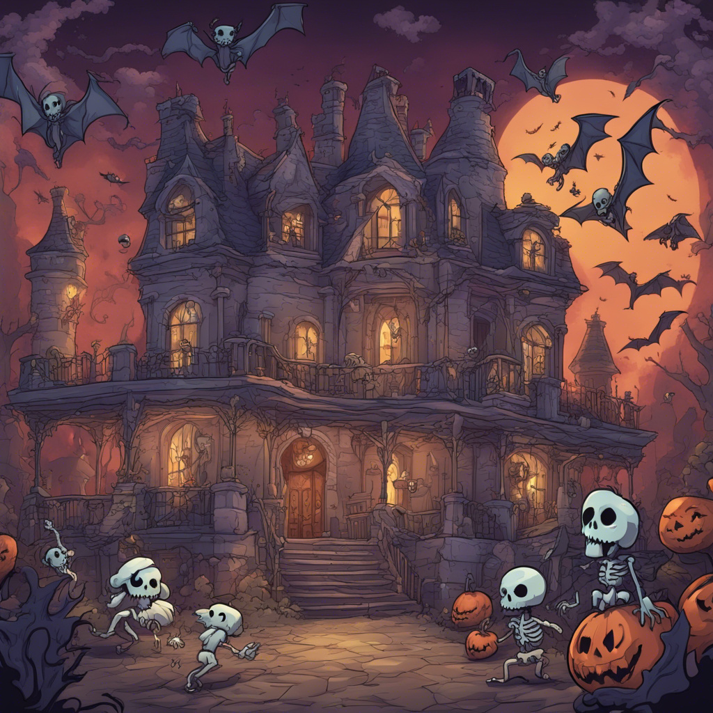 A haunted mansion where ghosts and bats flying and