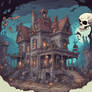 A haunted mansion where ghosts and bats flying and