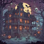 A haunted mansion where ghosts and bats flying and