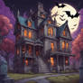 A haunted mansion where ghosts and bats flying