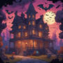 A haunted mansion where ghosts and bats flying