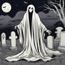 ghost in sheet flying in the graveyard in the Hall