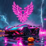 A hypercar roars beneath a rain-soaked sky, its en