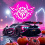 A hypercar roars beneath a rain-soaked sky, its en