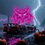A hypercar roars beneath a rain-soaked sky, its en