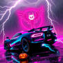 A hypercar roars beneath a rain-soaked sky, its en