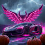 A hypercar roars beneath a rain-soaked sky, its en
